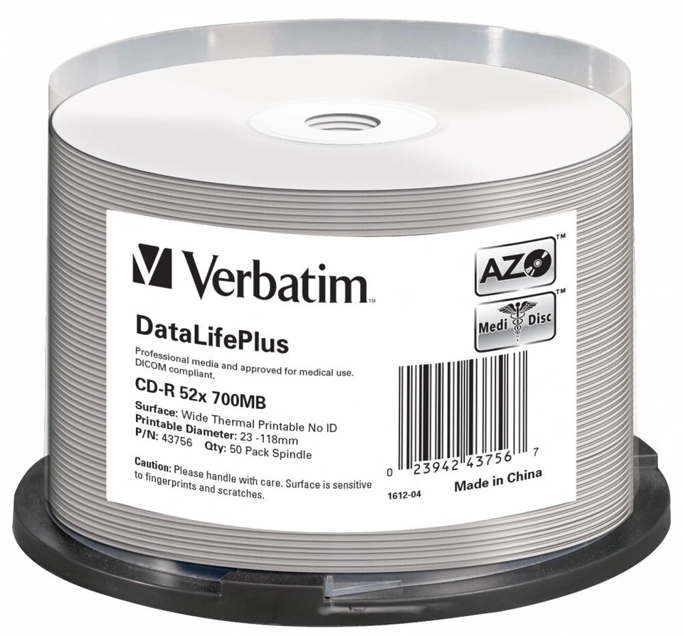 Verbatim CD-R AZO 700MB 52X DL+ White Wide NO-ID 43745 50pk - Image 1 of 1