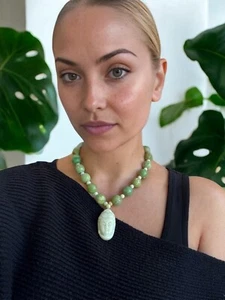 Carved Jade Buddha Pendant Necklace w/ Chrysoprase Beads .925 Sterling Silver - Picture 1 of 3