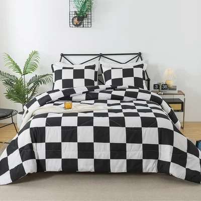 Conjunto de edredom preto branco tamanho completo 3 peças xadrez búfalo roupa de cama - Imagem 1 de 4