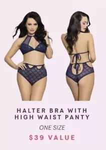 Pure Romance Halter Bra with High Waist Panty Midnight Blue- One Size NEW Sealed - Picture 1 of 6