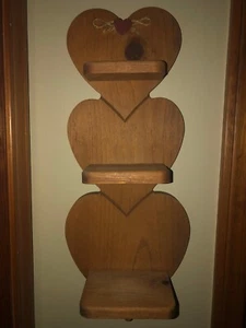 VTG SOLID WOODEN HEART SHAPED 3 TIER HANGING SHELF WITH ROPE BOW, HEART & PEG - Picture 1 of 9