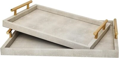 Set Of 2 Wood Serving Tray With Handles Modern Decorative Ivory Shagreen Leather - Image 1 of 4