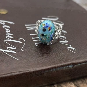 Vintage blau bunt Millefiori Cabochon Knopf Edelstahl Ring - Bild 1 von 10