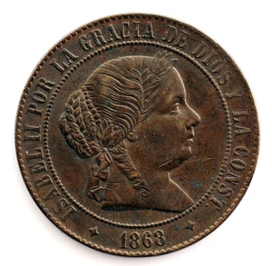 Spain-Isabel II. 5 Céntimos de escudo 1868 Jubia. Cobre 12,53 g. Escasa - Foto 1 di 2