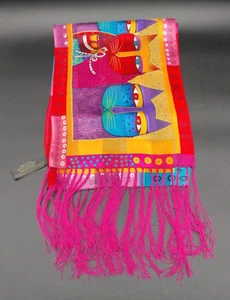 Laurel BURCH Silk ART CATS Whiskers Multi Color Rectangle Silk Scarf Fringed - Picture 1 of 6