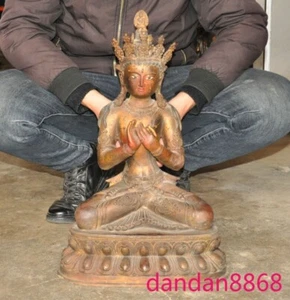 Tibet Buddhism temple bronze gilt White tara Kwan-Yin goddess Buddha statue - Picture 1 of 12
