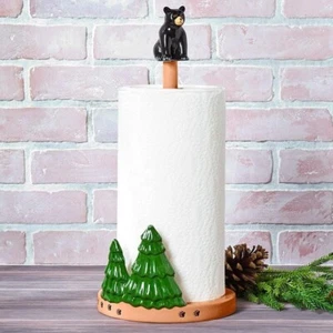 Northwoods Lodge Cabin Paper Towel Holder Evergreen Black Bear Kitchen Decor - Picture 1 of 2