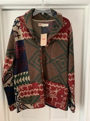 NUEVO CON ETIQUETAS Levis Hombres Cárdigan Abotonado Suéter Grande Polar Estampado Geométrico Azteca  Foto 1 de 4