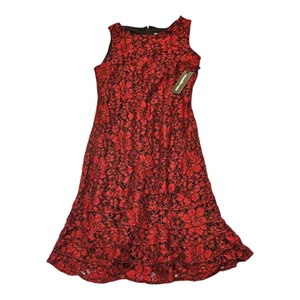 Abito Karl Lagerfeld taglia 10 rosso e nero pizzo floreale senza maniche chiusura zip - Foto 1 di 10