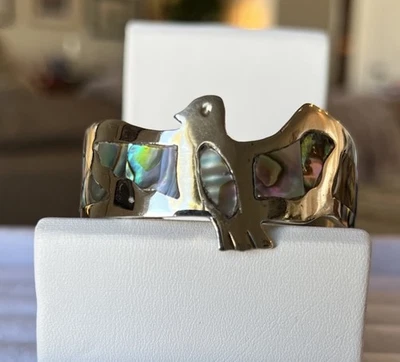 Vintage Mexico Aztec Sterling Silver Mother of Pearl Hummingbird Cuff Bracelet - Image 1 of 4