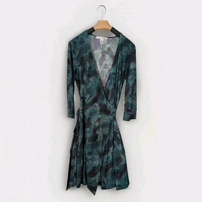 Kenneth Cole Womens Dress L Green Knit Stretch Geometric Classic Wrap - Image 1 of 2