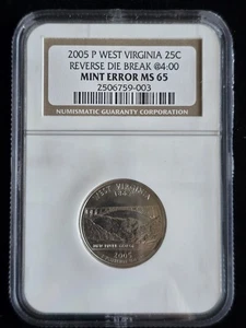 2005 P West Virginia Reverse Die Break @4:00 25c Cud Mint Error NGC MS65 - Picture 1 of 12
