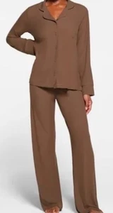 Skims Women’s Pajama Lounge Set LS Button-Up Top Long Pants Ribbed Brown Plus 2X - Picture 1 of 2