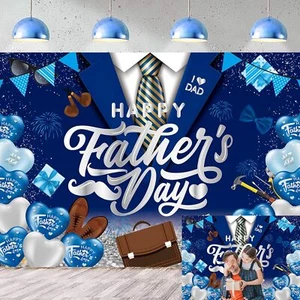 Happy Father's Day Backdrop I Love Dad Banner Blue Heart Tie Father's Day Banner - Picture 1 of 11
