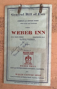 Weber Inn Grill 1939 Menu Manteca California Writing - Picture 1 of 6