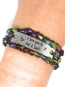 Inspirational Message Word Crochet Wrap Bracelet "I love you to God & Back" - Picture 1 of 21