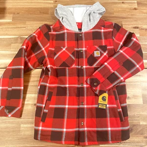 Boy's Youth Carhartt Sherpa Lined Snap Plaid Flannel Hooded Jacket L LARGE 14/16 - Picture 1 of 8