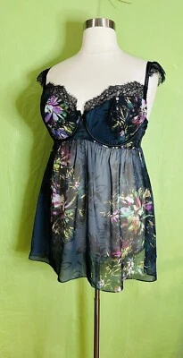 Cacique Plus Size 42DD Gown Black Floral Lace Sheer Sexy Short Nightie Babydoll - Image 1 of 4