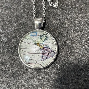 Silver Dome Glass Cabochon Pendant World Map Earth Globe  20" Chain Necklace  - Picture 1 of 7