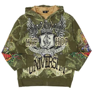Mens Y2K Christian Audigier Hip Hop University Stoned Skull Print Full Zip Hoodi - Picture 1 of 3