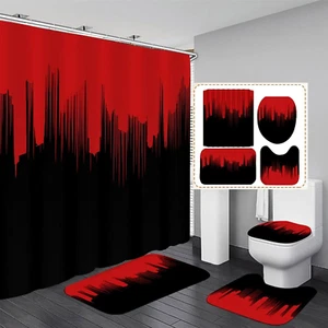 4 Pcs Red and Black Shower Curtain Sets Non-Slip Rugs Bath Mat Toilet Cover, U-S - Picture 1 of 7