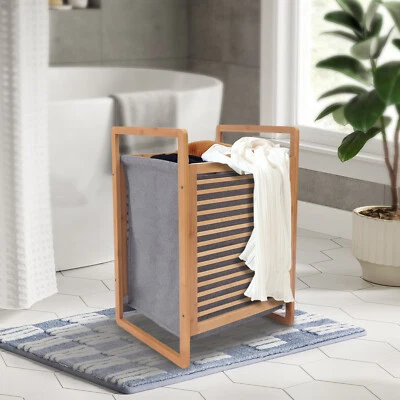 Clothes Basket Storage Wooden Bathroom Laundry Hamper Cabinet Freestanding Home - Image 1 of 4