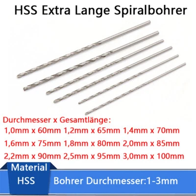 MARKENLOS Ø1mm-3mm HSS Spiralbohrer Metallbohrer 60-100mm Extra Lang Metall Reiben Bohrer