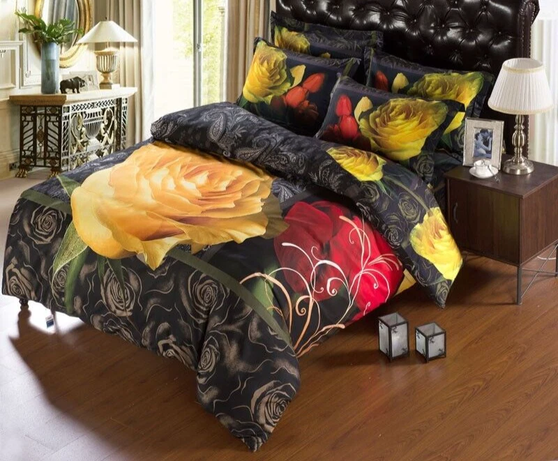 6 piezas. Juego de funda nórdica completa de polialgodón en negro, rojo y amarillo para edredón Foto 1 de 4