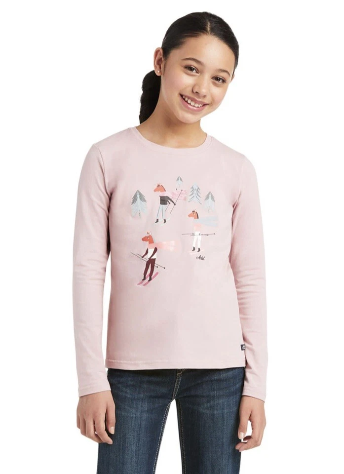Ariat Children's Powder Ponies Long Sleeve Ash Rose T-Shirt 10037352 XL /14