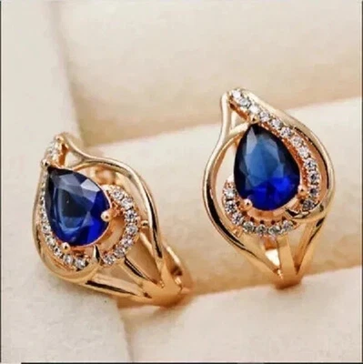 3Ct Pear Cut Lab Created Sapphire Women's Hoop Earrings 14K Yellow Gold Plated - Image 1 of 4