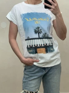 T-Shirt Basic Weiß Print "Summer time" Blau Gelb Onesize bis Gr. 38 (O2)H - Bild 1 von 4