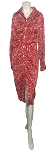 GLAMAKER Damen rot gepunktet figurbetont Satin Button Down Langarm Midikleid L - Bild 1 von 8
