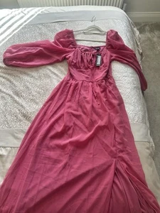 pink tall milkmaid smock chiffon long maxi dress balloon sleeve  - Picture 1 of 6