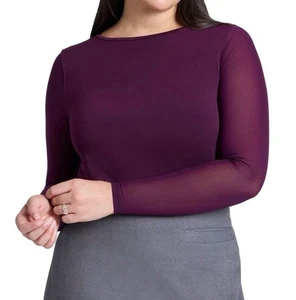 Haut femme Eloquii taille 14 violet manches longues transparentes équipage décontracté carrière - Photo 1/11