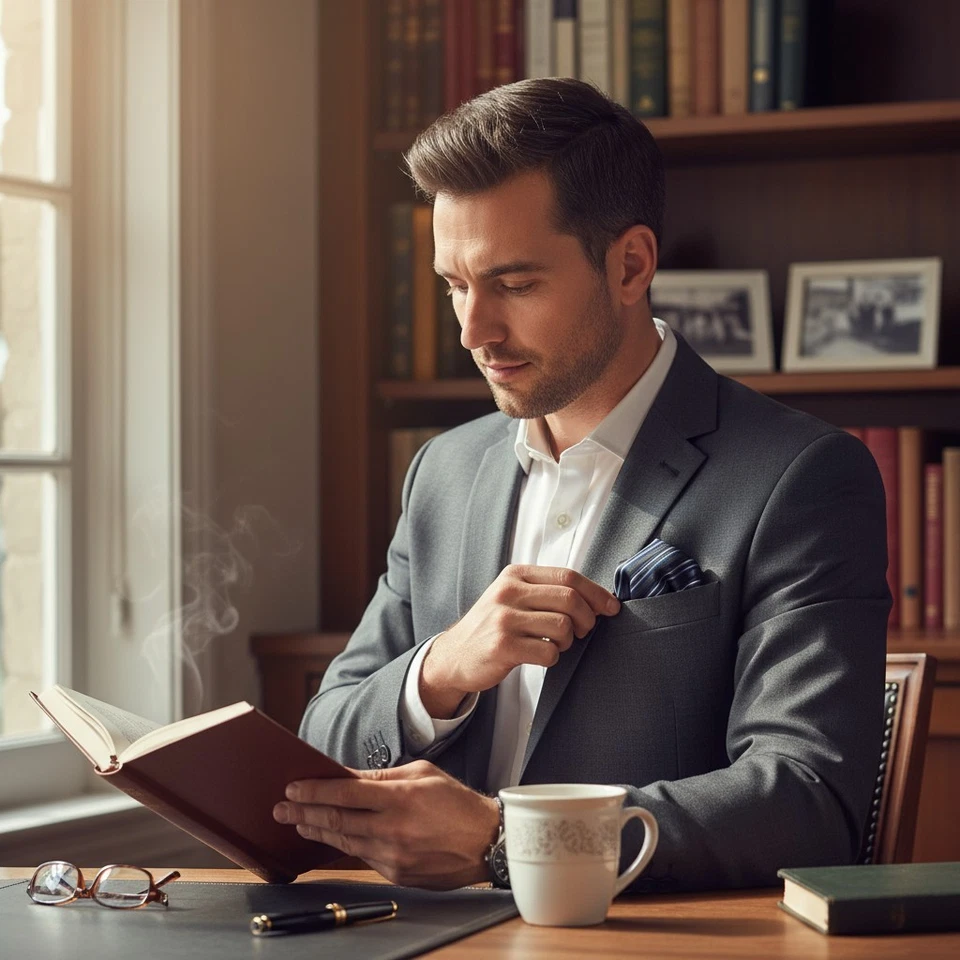 Nwot Silk/poly Blend Pocket Square, 9.5" X 9.5", Black/Blue/Gray, Striped. - Image 1 of 4