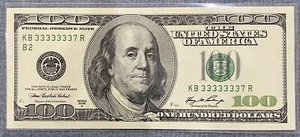 US 100$ 2006 Binary near solid 7 in a row fancy serial number 33333337 UNC - Picture 1 of 2