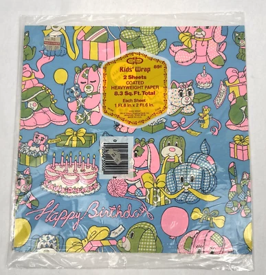 Vintage 1960s Gift Wrap Wrapping Paper Sheets Calico Cat Gingham Dog Birthday  - Image 1 of 3