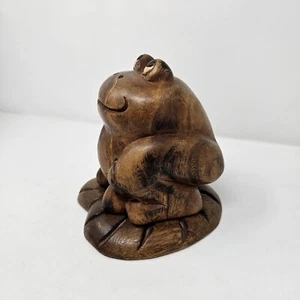 Folk Art Carved Hard Wood Frog on a Lily Pad 6.5 inches Tall - Picture 1 of 6