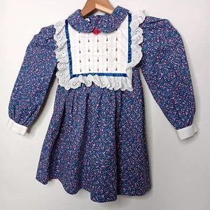 Vintage Polly Flanders Girls T4 Dress Blue Floral Long Sleeve Lace Cottagecore - Picture 1 of 12