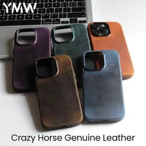 Horse Genuine Leather Case for all iPhone Magnetic Frosted Cowhide Phone Cover - Picture 1 of 27