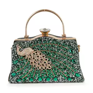 Sequin and Beaded Peacock Accented Hand Bag- Green,Silver,Ruby,Black,Gold - Picture 1 of 11