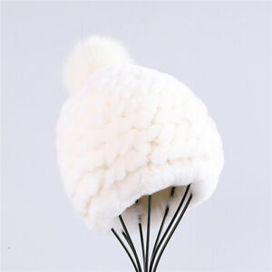 Luxury Women Rex Rabbit Fur Beanie Hats Lady Winter Warm Cap With Fox Fur Pom