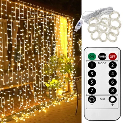 300 LED Curtain Fairy Lights String Indoor/Outdoor Backdrop Wedding Xmas Party - Image 1 of 4