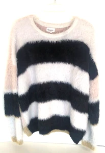 &Merci Sweater Faux Fur Striped Black & White on Front, Pink & Brown on Back - Picture 1 of 14