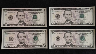 $5.00 Bills (4) In Number Sequence 2013 Lightly Circulated D Series USA - Image 1 of 2