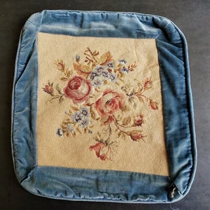 Vtg  Embroidered Needlepoint Floral Throw Pillow Sham Case Cream Blue Velvet - Picture 1 of 9
