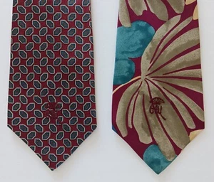 Lot of 2 Countess Mara Vtg Ties Burgundy Blue Beige Yellow Geometric/Floral Silk - Picture 1 of 12
