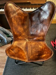 Handmade Buffalo Vintage Brown Antique Leather Butterfly Chair For Home & Garden - Picture 1 of 12