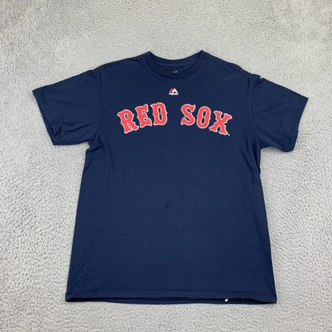 Boston Red Sox Shirt Mens Medium Blue Crew Neck Dustin Pedroia #15 MLB Baseball Cover