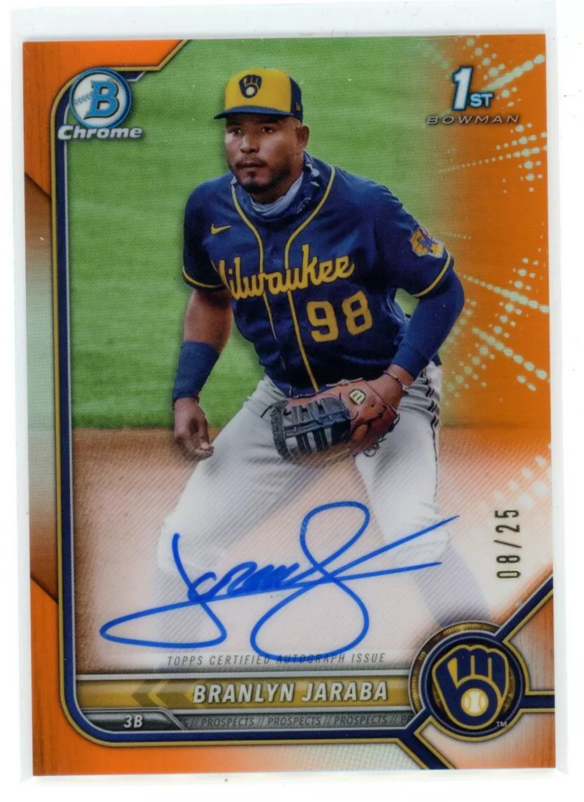 2022 Bowman Chrome Branlyn Jaraba CPA-BJ 1st Orange 08/25 Auto Autograph Brewers